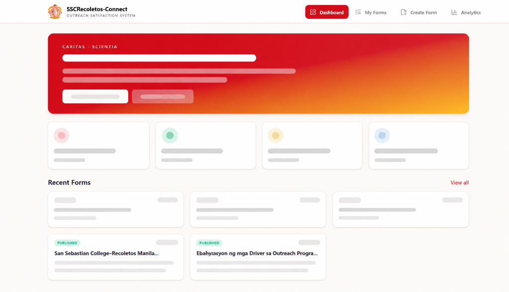 Dashboard loading, with placeholder cards under a red banner and two published forms in the Recent Forms list