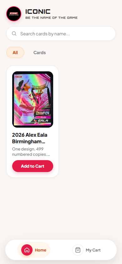 Mobile catalog with the card search bar, one card listing, and a bottom bar with Home and My Cart