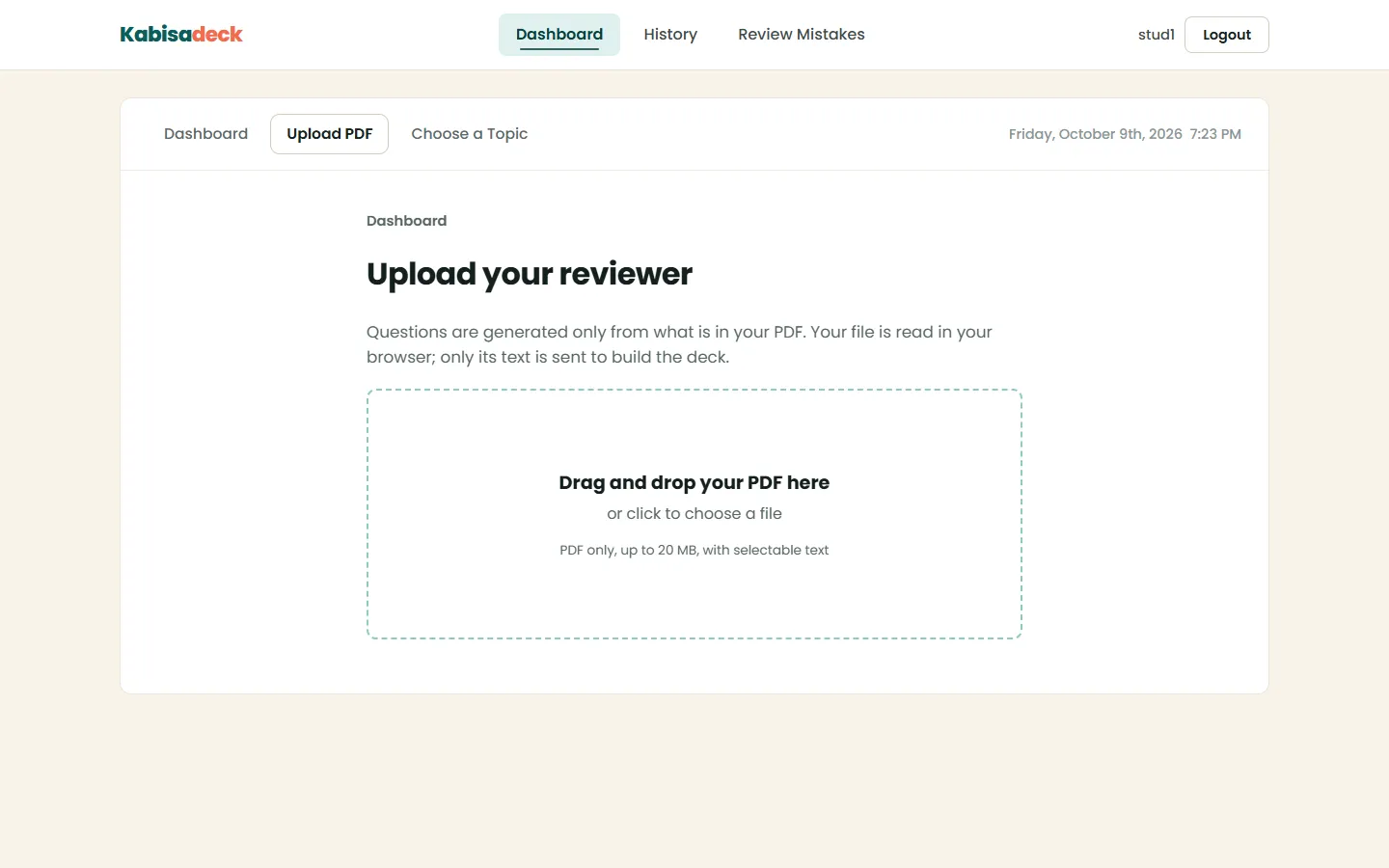Upload your reviewer screen with a drag and drop area for a PDF of up to 20 MB