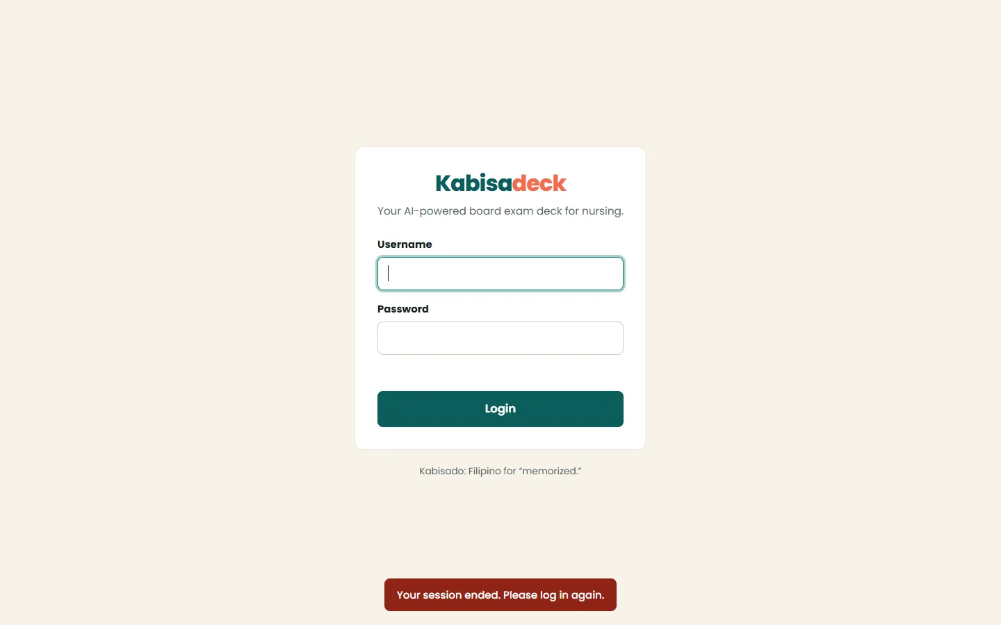 Kabisadeck sign-in card with username and password fields