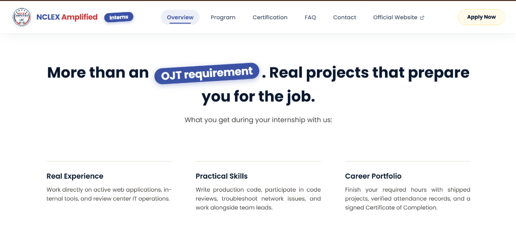 Section listing what interns get: real experience, practical skills, and a career portfolio