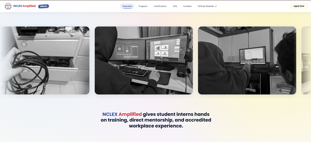 Row of black and white photos of interns at work, above a line about hands-on training