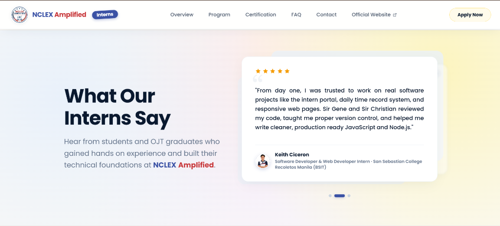 Testimonial carousel showing an intern's review with a five-star rating