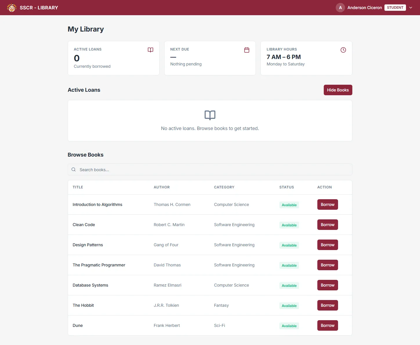 Student dashboard with active loans, the next due date, library hours, and a book list with Borrow buttons