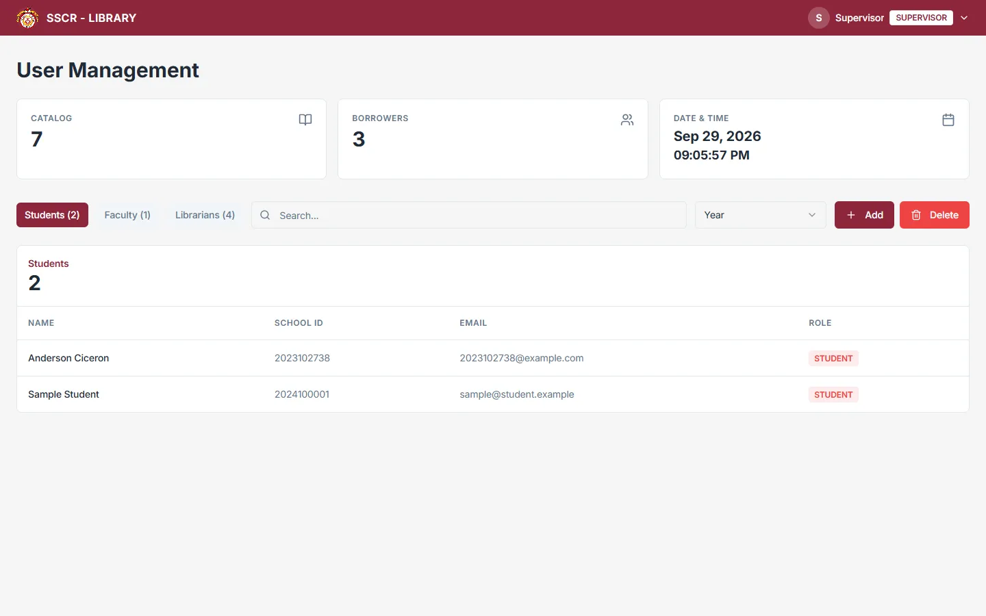 Supervisor user management with catalog and borrower counts and a table of student accounts