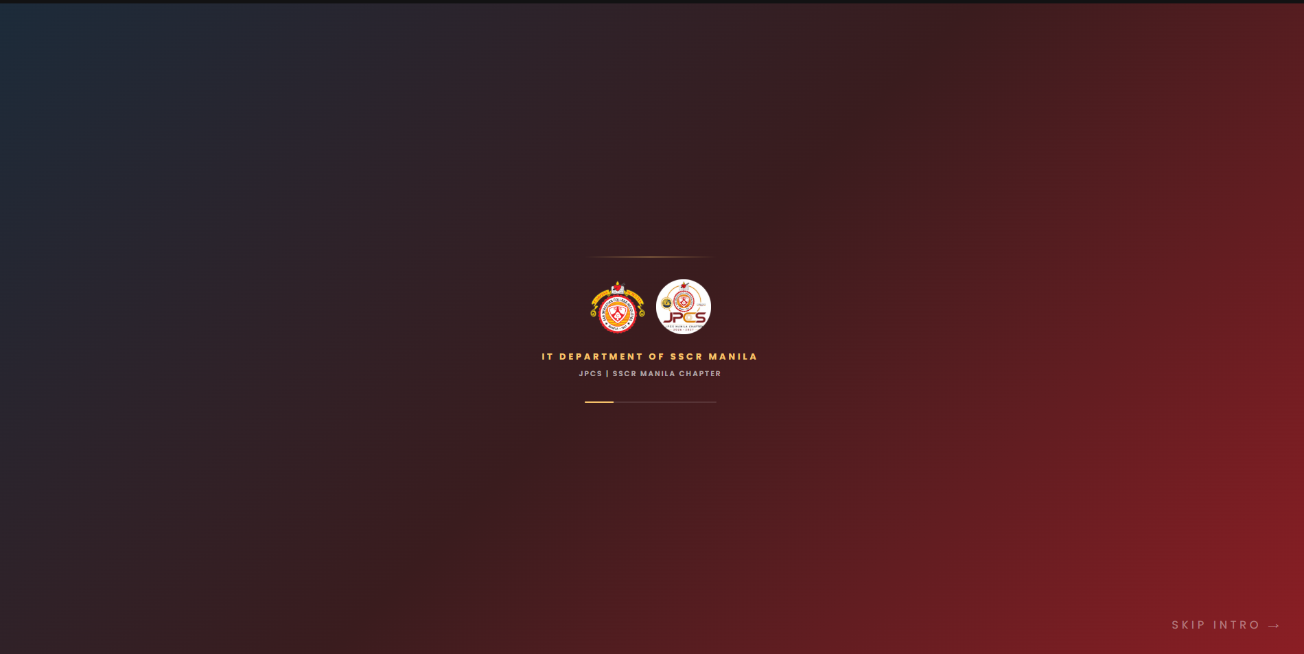 Intro screen with the SSCR and JPCS logos on a dark red background and a Skip intro link