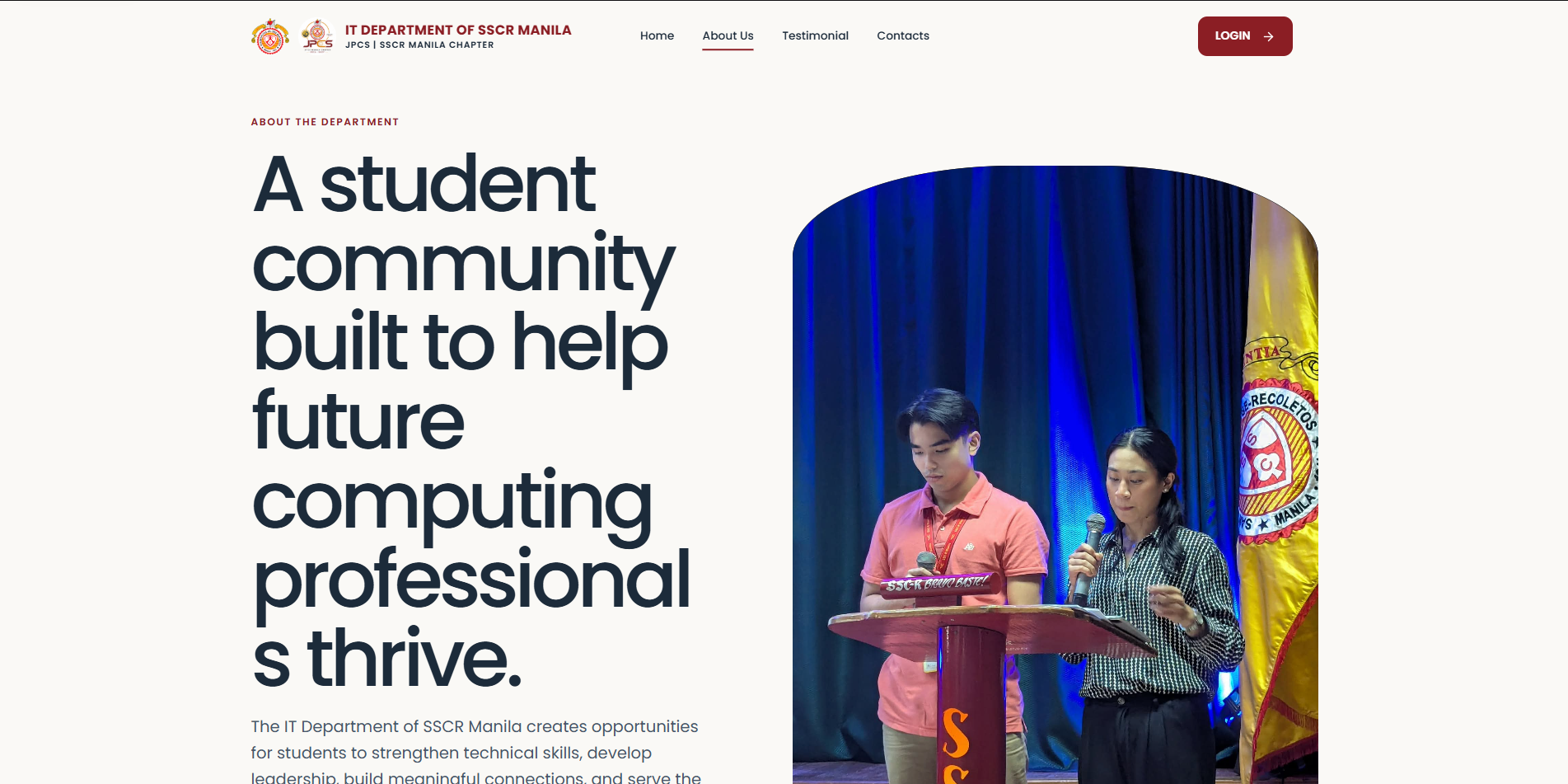 About the department section with a large headline beside a photo of two speakers at a podium